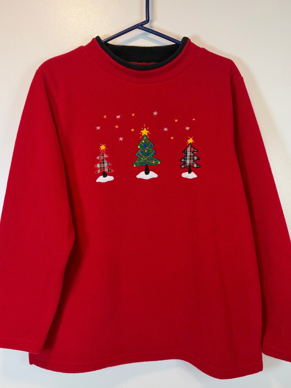 Ladies Club Holiday Fleece Top with Tree Embroidery Patches Women’s Medium